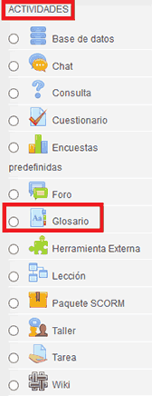 Menú para insertar glosario