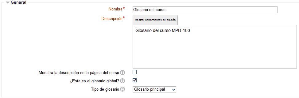 Propiedades generales de un glosario