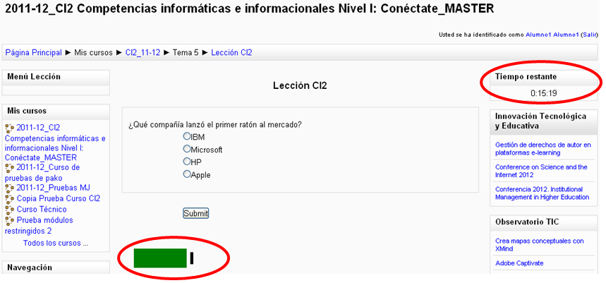 Temporizador y barra de progreso alumno lección