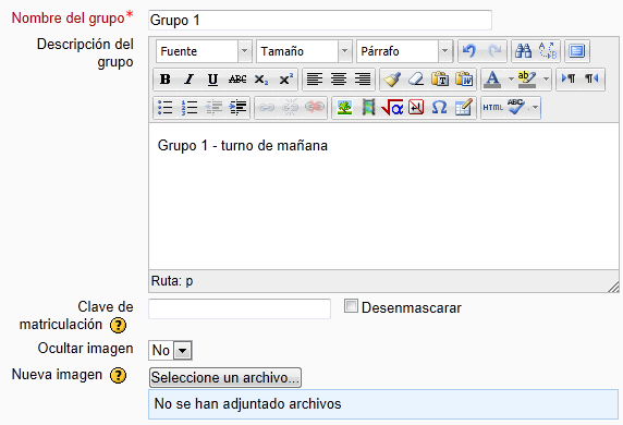 Datos a introducir para crear un grupo