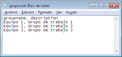 Ejemplo de fichero CSV para crear grupos