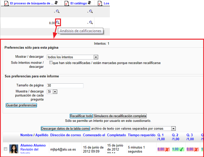 Acceso al análisis de resultados de una actividad