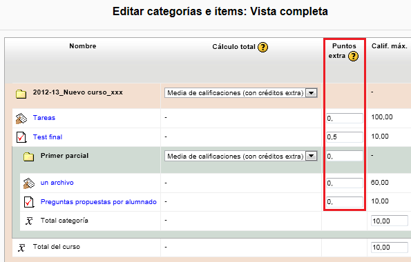 Ítems de calificación que valen puntos extra