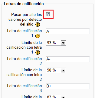 Editar letras de calificación y su rango de valores