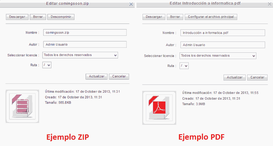 Opciones de diferentes tipos de archivo